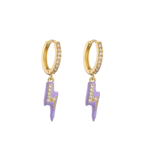 Detail of lightning bolt pendant with purple enamel and micro-set zircons on gold hoop