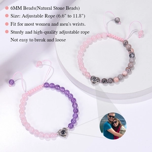 Custom heart photo projection bracelet with 6mm natural stone beads and adjustable rope