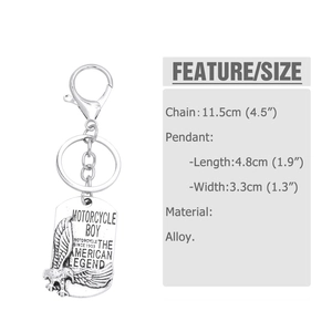 Detail view showing dimensions of eagle motorcycle metal keychain and pendant