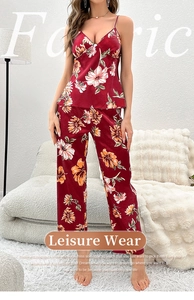 Detail view of burgundy floral satin sleepwear with delicate V-neckline and smooth silk texture