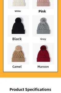 Detailed grid view of chunky knit hats with fur pom-poms in six assorted winter colors