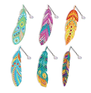 Detail showing 6-piece set of DIY diamond painting feather bookmarks with crystal pendants