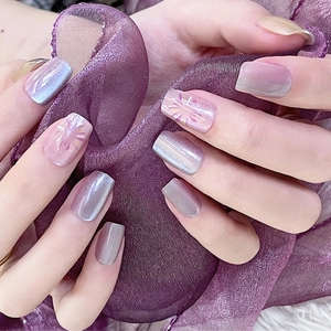 Purple aurora cat-eye press-on nails with floral fireworks design on short square shape