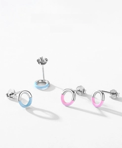 Detail of 925 sterling silver geometric earrings with colorful drip oil enamel accents