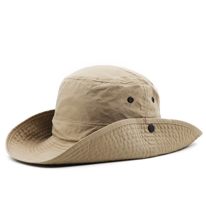 Detail of quick-dry sun hat showing breathable metal eyelets and adjustable side snaps