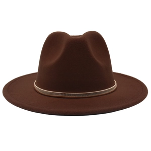 Detail of dark brown fedora hat featuring a slim metallic gold band on felt texture