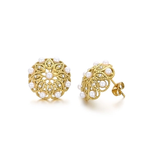 Elegant gold flower stud earrings with white pearls and sparkling cubic zirconia stones