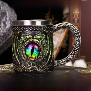 Macro shot of 3D dragon scale texture and realistic dragon eye on resin goblet