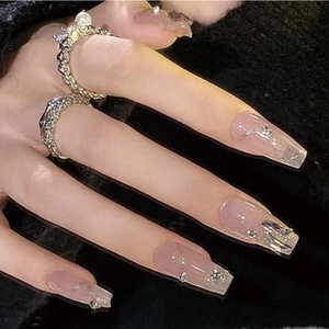 Unghie Finte Coffin Lunghe Sfumate Rosa Nude Con Strass Künstliche Perle Glitter Eleganti Unghie Artificiali Rimovibili