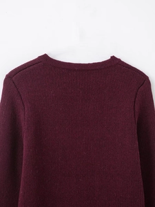 Detail shot of deep burgundy knit cardigan showing collar and shoulder texture