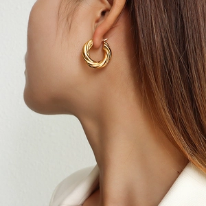 Elegant 18K gold plated stainless steel chunky twisted rope hoop earrings for women