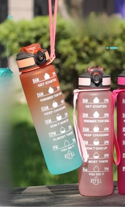 Detail of matte gradient water bottle with time markings and motivational quotes