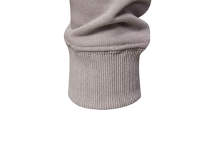 Close-up of gray sweatshirt ribbed cuffs with high-quality double-needle stitching