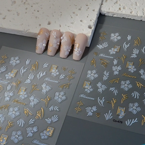 5D Embossed Nail Art Stickers White Flower Gold Foil Artificial Pearl Self Adhesive Elegant Floral Manicure Decals