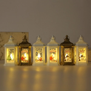 Set of six vintage Christmas LED lanterns with Santa and Snowman prints in warm light