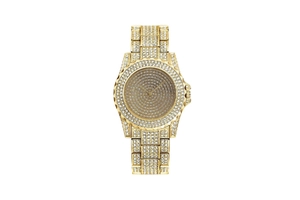 Close-up of luxury gold-tone women's watch with fully iced-out rhinestone dial and band