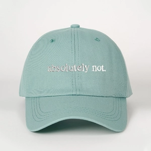 Retro mint green baseball cap featuring white absolutely not embroidery on twill cotton
