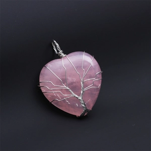 Vintage Tree of Life heart-shaped pink crystal pendant necklace with wire wrapping