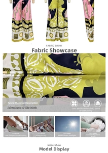 Detail of floral print wide-leg jumpsuit with fabric texture and care instructions