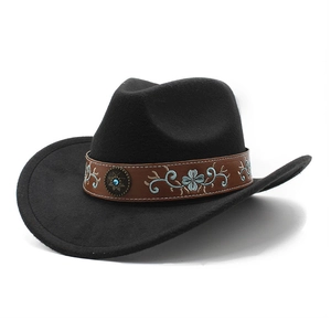 Classic black felt cowboy hat with embroidered leather band and turquoise metal badge