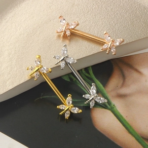 Three dragonfly nipple rings in rose gold, gold, and silver with sparkling zircon wings