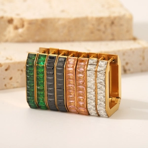Rectangular Geometric Huggie Hoop Earrings Stainless Steel Gold Plated Colorful Cubic Zirconia Baguette Cut Luxury Jewelry