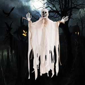 Ghostly white skeleton hanging decoration with tattered gauze for Halloween outdoor decor
