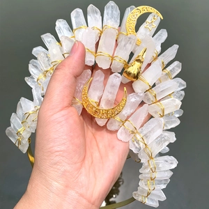 Handmade Natural White Crystal Raw Stone Crown Headband Bohemian Moon Star Celestial Tiara For Wedding Party Birthday Women Hair Jewelry