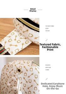 Detail of white lychee texture PU leather bag featuring a gold horsebit print and headphone port