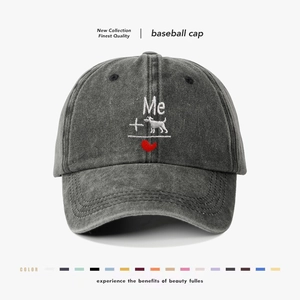 Washed Cotton Baseball Cap With Dog Heart Embroidery Vintage Adjustable Dad Hat For Outdoor Sun Protection Casual Style