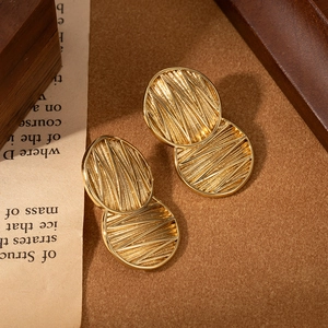 Luxury gold double disc stud earrings with vintage irregular ripple texture in titanium steel