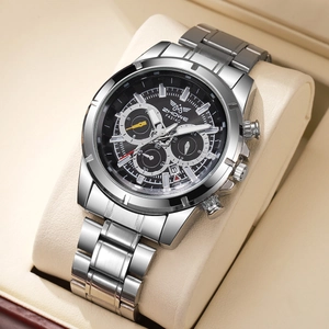 Silver stainless steel business quartz watch for men with black dial and sub-dials