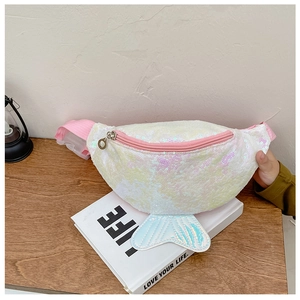 Detail of mermaid tail design on sequin waist bag with pink zipper for kids