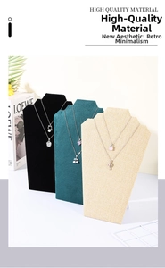 Three texture options for necklace display stands in velvet, suede, and linen fabrics