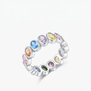 Modian 925 Sterling Silver Rainbow Zirconia Ring For Women Sweet Colorful Oval Inlaid Eternity Finger Ring Jewelry Gift