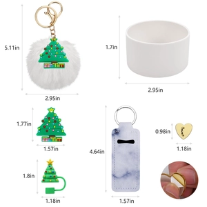 Detailed view of Christmas themed silicone cup boot and charms with size specifications