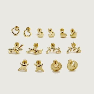 Stainless Steel 14K Gold Plated Mini Stud Earrings For Women Cute Heart Star Moon Leaf Knot Sweet Daily Style Jewelry