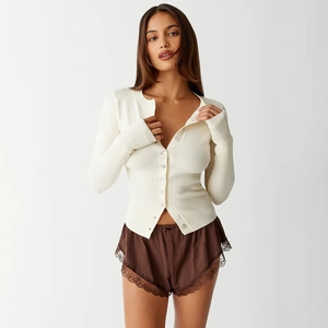 Women Slim Fit Knit Cardigan Top Round Neck Long Sleeve Button Up Ribbed Crop Sweater Solid Color Casual Streetwear