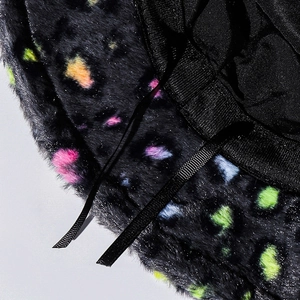 Colorful leopard faux fur bucket hat with warm plush lining and adjustable straps