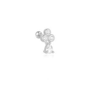 Detail of S925 silver stud earring featuring sparkly zircons and a pear-shaped drop pendant