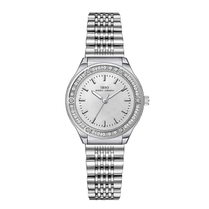 Elegant silver stainless steel women's watch with crystal bezel and sunray dial