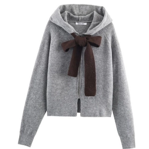 Women's grey hooded knit cardigan sweater with oversized brown bow and metal zipper