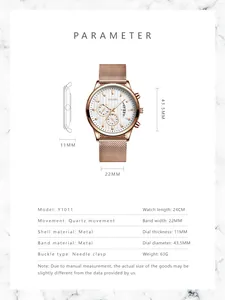 Detailed size specification chart for the men's quartz watch with mesh band dimensions