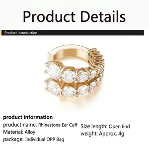 Golden multi-layer C-shape ear clip with inlaid crystals for non-pierced ears