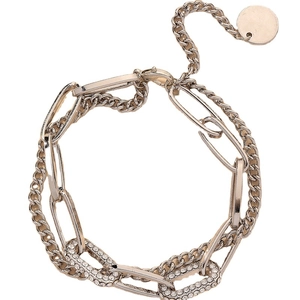 Multilayer chain bracelet with geometric links, rhinestones, and gold-silver finish