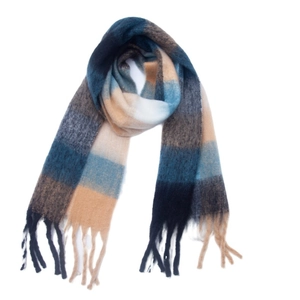 Detail of multi-color plaid scarf with long tassels in navy, beige and brown tones