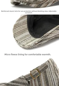 Détails de la casquette rétro à rayures montrant la visière et la boucle métallique