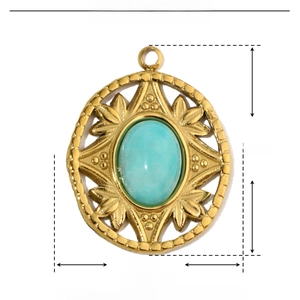 Macro shot showing 20mm x 16mm dimensions of vintage gold stainless steel stone pendant