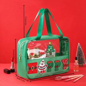 Green Christmas chenille embroidered makeup bag with transparent PVC panel and dimensions