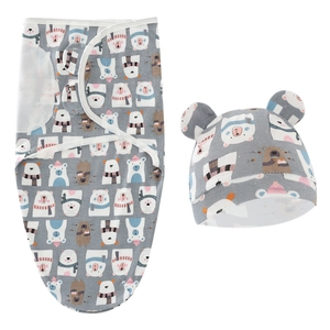 Gray newborn swaddle blanket and matching hat set with cute cartoon bear print